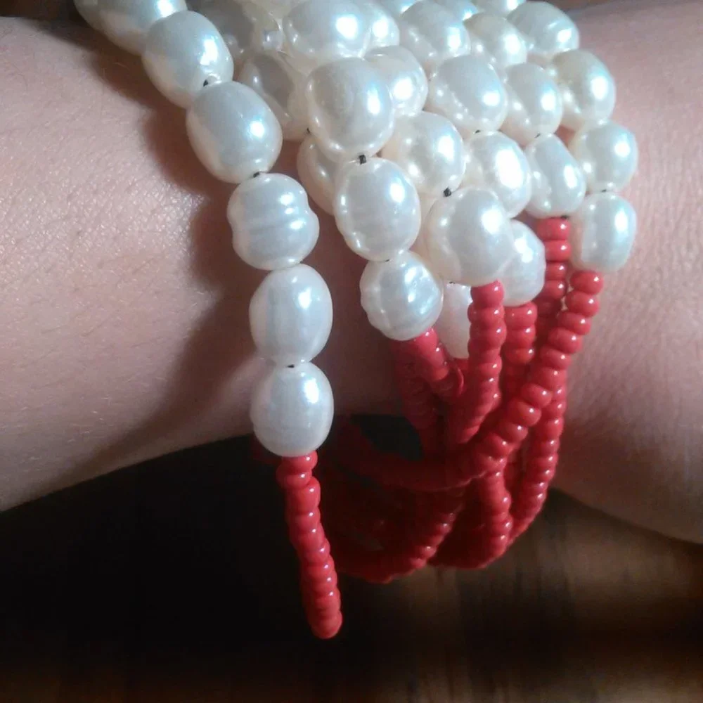 Red Seed Bead and Faux Pearl Multi-Strand Stretch Bracelet